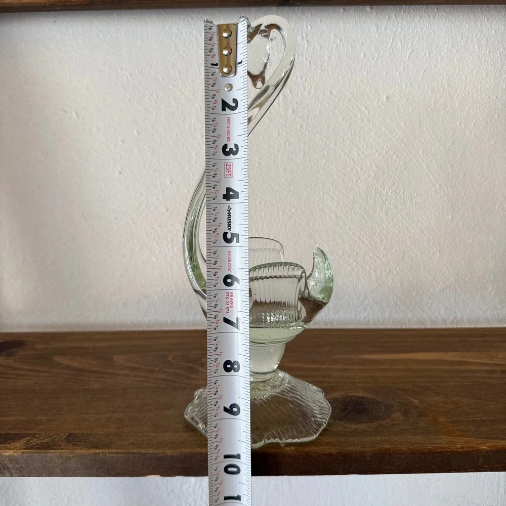 Vintage Hand Blown Art Glass Swan Pedestal Bowl Pale Green Tint Ribbed